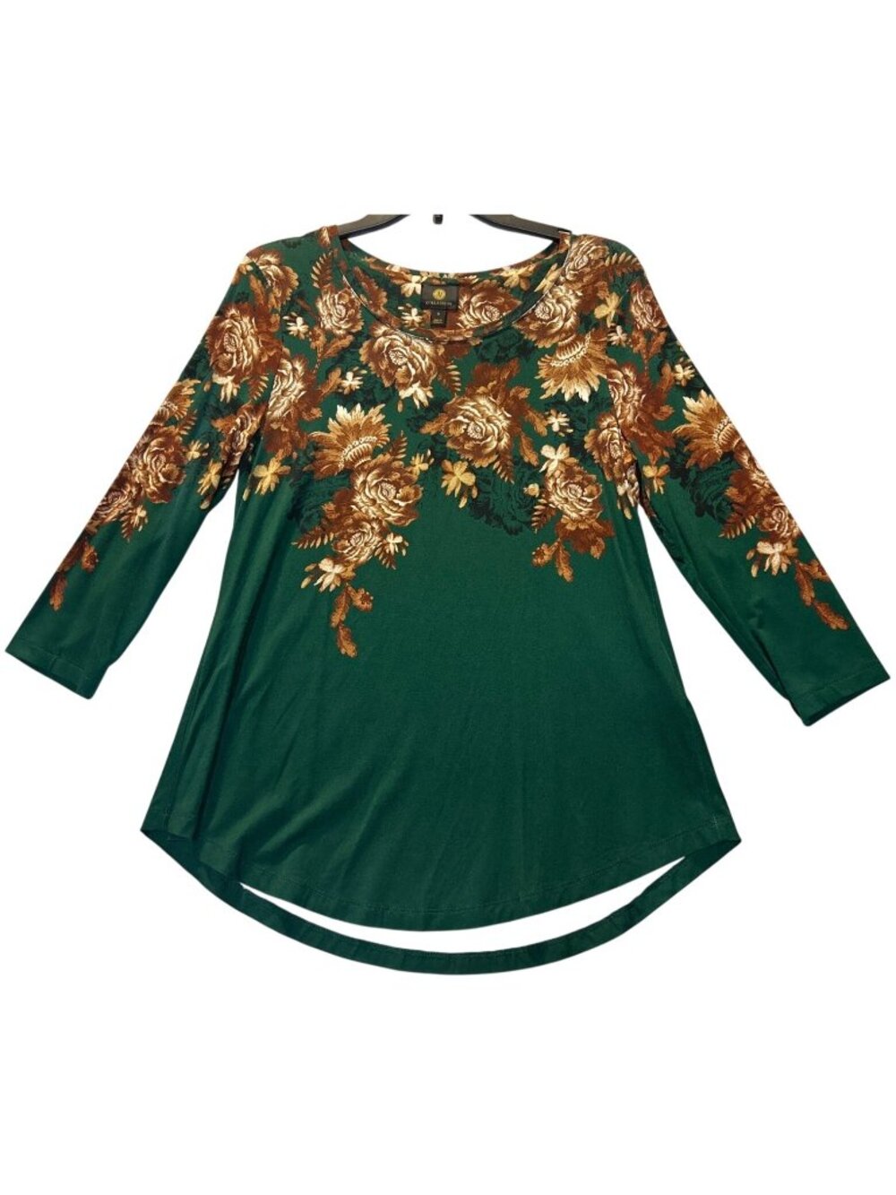 JM Collection Small Floral Print 3/4 Sleeve Emerald Green Top Rayon Blend